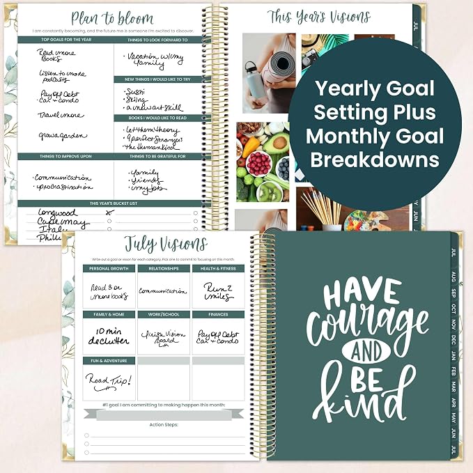 bloom daily planners 2026-2027 Hardcover Academic Year Goal & Vision Planner (July 2026 - July 2027) - 13 Months Agenda - Monthly & Weekly Calendar Organizer - 7.5" x 9" - Eucalyptus, White
