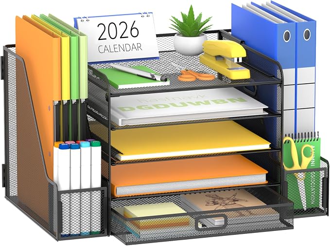 Mesh Desk Organizer with File Holder, 5-Tier Paper Letter Tray Organizer with Magazine Holder, Desktop Organizer and Storage with Drawer for Office Supplies Home or School (Black) | Two side magazine holders and a bottom drawer store papers, folders, n...