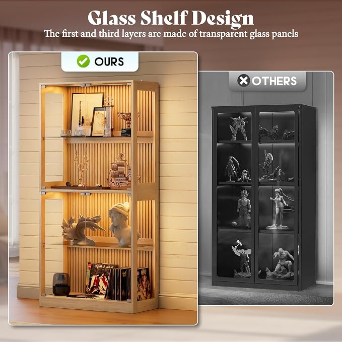 AMERLIFE 32-Inch RGB Display Cabinet with Glass Shelves | 70 H x 32 W x 16 D In, 4-Tier Storage, RGB LED Lights, Press-to-Open Doors, for Collectibles, Wood-Grain Slatted Finish
