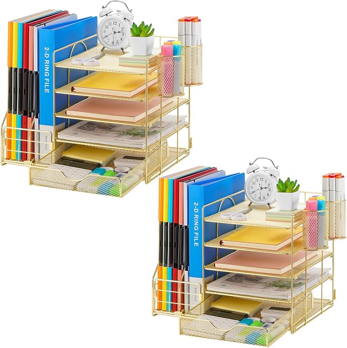 Marbrasse Desk Organizer with File Holder, 5-Tier Paper Letter Tray Organizer with Drawer and 2 Pen Holder, Mesh Desktop Organizer and Storage with Magazine Holder for Office Supplies (Gold 2p)