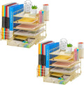 Marbrasse Desk Organizer with File Holder, 5-Tier Paper Letter Tray Organizer with Drawer and 2 Pen Holder, Mesh Desktop Organizer and Storage with Magazine Holder for Office Supplies (Gold 2p)