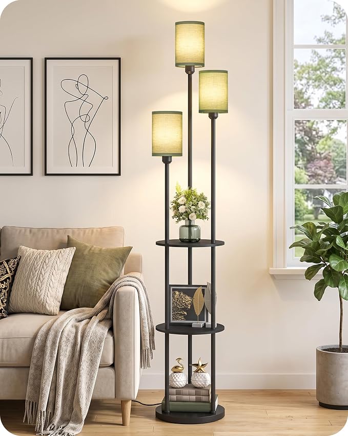 Floor Lamp with Shelves, Modern Floor Lamp with 3 Linen Shades and Foot Switch, 3-Light Standing Lamp, for Living Room, Bedroom, Study, Office, Black and Green J53LD05