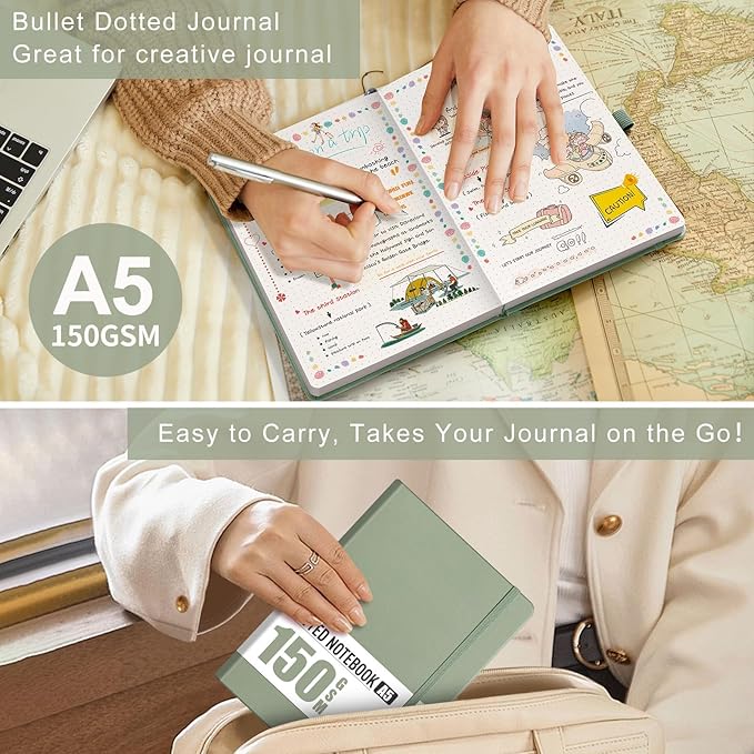 AHGXG Bullet Dotted Journal - 150 GSM Dot Grid Notebook Journal, Thick Acid-Free Paper, A5 Dotted Notebook 128 Pages, Leather Hardcover, Inner Pocket, Journal Stencil, 5.7'' × 8.3'' - Sage Green