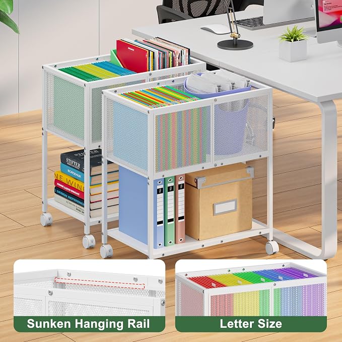 Sbanmao Rolling File Cart, Mobile File Cabinet with Wheels Hanging Files, Metal Hanging File Folder Cart File Organizer Fit Letter Size for Home Office, White