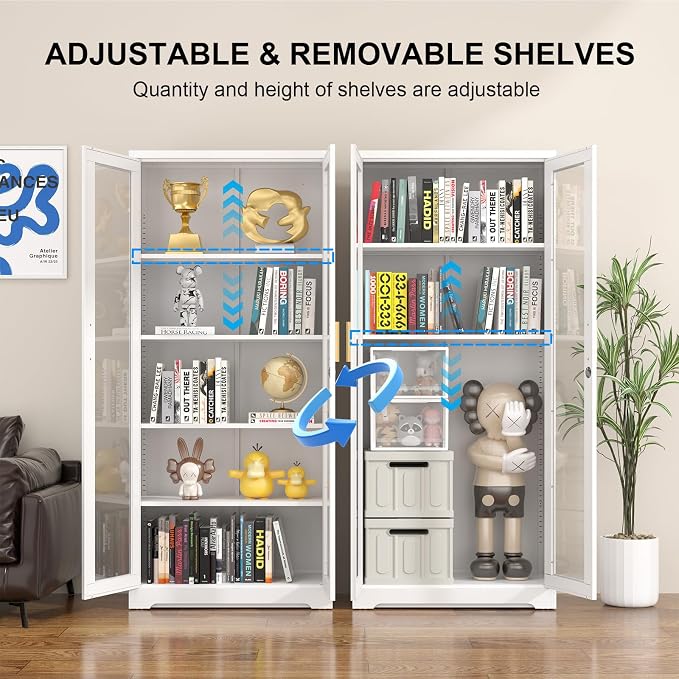 Polup 71" White Metal Glass Display Cabinet with Security Lock | 5-Tier Curio Case & Tempered Doors, 4 Adjustable Shelves, Heavy-Duty China Storage for Living Room, School & Commercial