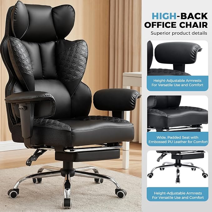 COMHOMA Big and Tall Office Chair Heavy Duty Wide Ergonomic Gaming Chair with Deluxe Embossing Designed Leather with Foot Rest,150°Reclining Adjustable Armrests Pocket Spring Back Support and Pillow