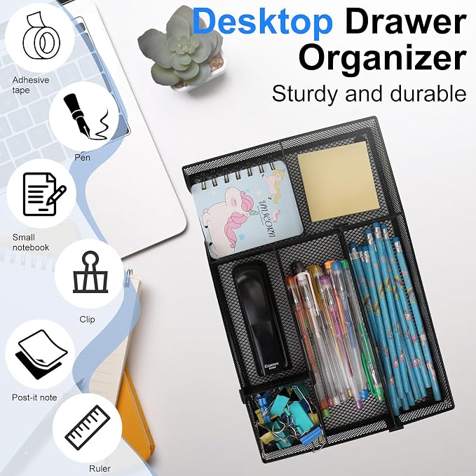 Desk Drawer Organizer, 2 Pack Junk Drawer Organizer Tray with 2 Adjustable Compartments, Desktop Metal Mesh Office Desk Organizer, Multifunction Pen Organizer Set for Office School Makeup Supplies (2)
