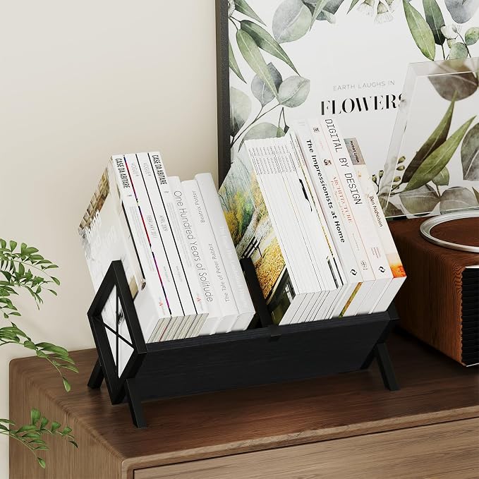YINMIT Wood Desktop Bookshelf Organizer, Slanted Tabletop Bookshelf | Small Desk Bookshelf, Book Organizer in Living Room, Office, Portable Mini Bookcase for CDs, Magazine, Books, Cookbooks
