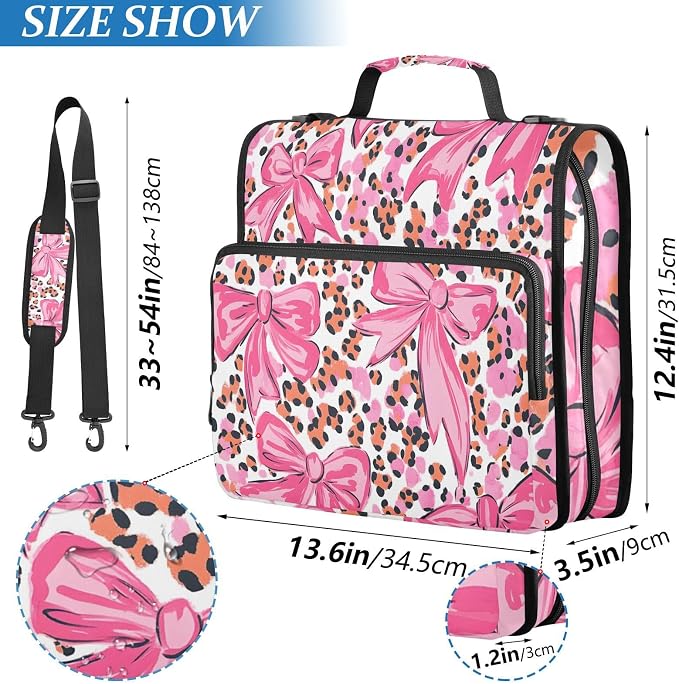 3 Ring Zipper Binder with Shoulder Strap Pink Bow Leopard Print 1.5 inch Binders Keeper Large Capacity Multi Pockets for School Office Supplies
