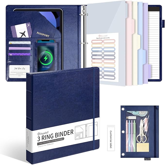Ospelelf Leather 3 Ring Binder for Letter Size Documents with Durable Pocketed Dividers, Storage Bag & Notepad, 1 Inch Round Rings, Holds 175 Sheets, for Office School Home Organization, Deep Blue