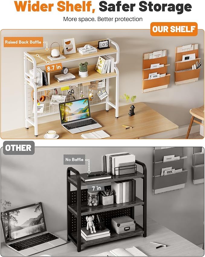BYMECOST 38.6" Desktop Hutch Bookshelf,2-Tier Desk Shelf with Pegboard | Heavy-Duty Desktop Bookcase With Grid Panel and Hook, Desk Hutch for Computer in Offices or Dorms
