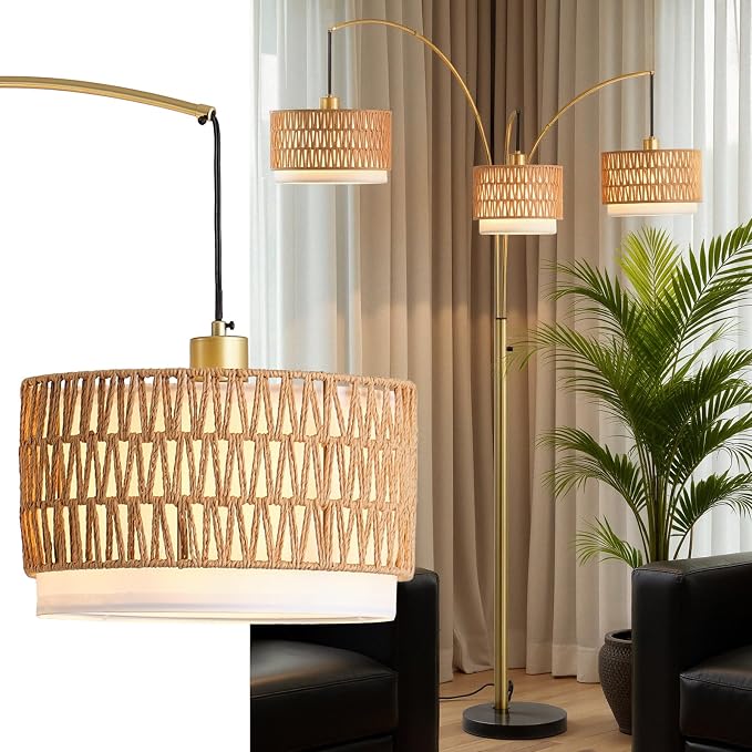 80'' Gold Rattan Arc Floor Lamp for Living Room, 3-Light Boho Tree Lamp | Heavy Natural Marble Base, 1/2/3-Light Rotary Switch,Double-layer Wicker/Fabric Shades for Reading Corners,8 ft+ Ceilings