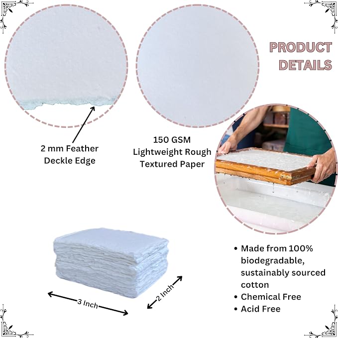 Handmade Cotton Paper with Deckle Edge Recycled Cotton Rag Mixed Media Stock for Place, Escort, Vow, and Business Cards (150gsm, 2x3 inch A8, 50 Pack)