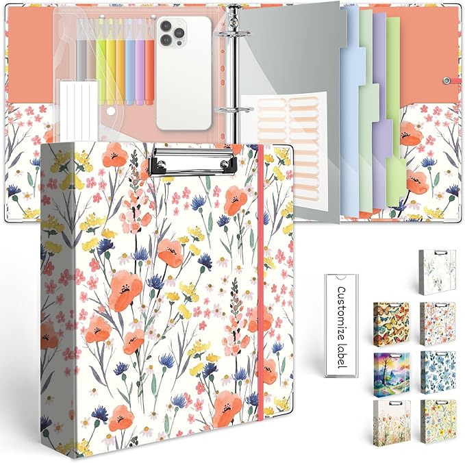 3 Ring Binder 2 Inch, Three Ring Binders Organizer with Clipboard, 5-Tabs Pockets Dividers, Plastic Folder, 18 Divider Stikers, KLLVE Cute Binder with Pen Loop (Flora, Letter Size)