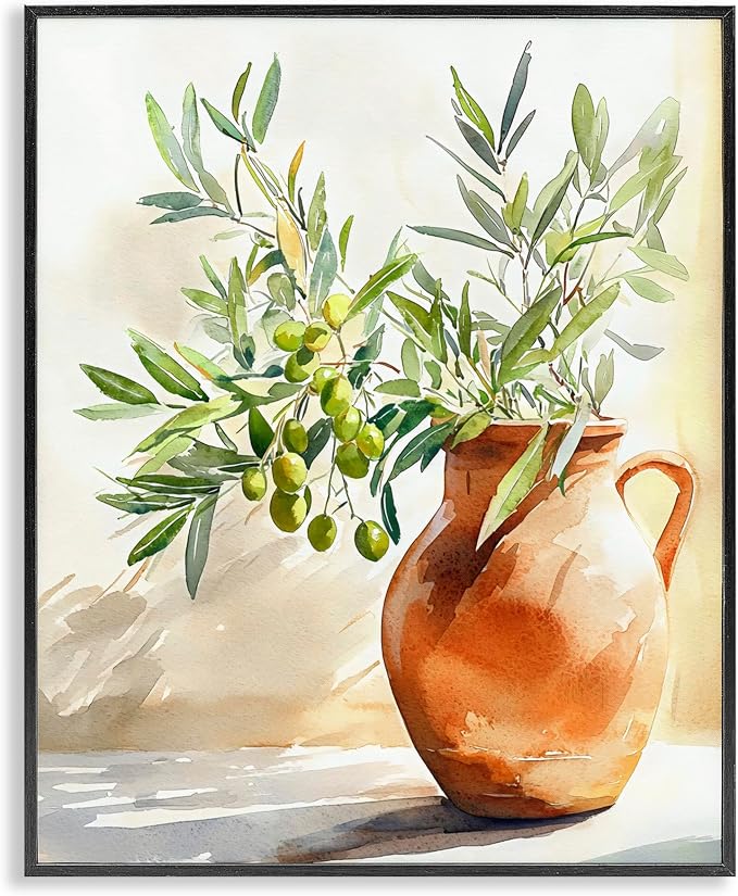 'Olive Branch in Terracotta Vase'| Framed Giclee Art | Stupell Industries | Black, 24 x 30 Inches, Easy to Hang and Sturdy, Made in USA, by LSR Design Studio