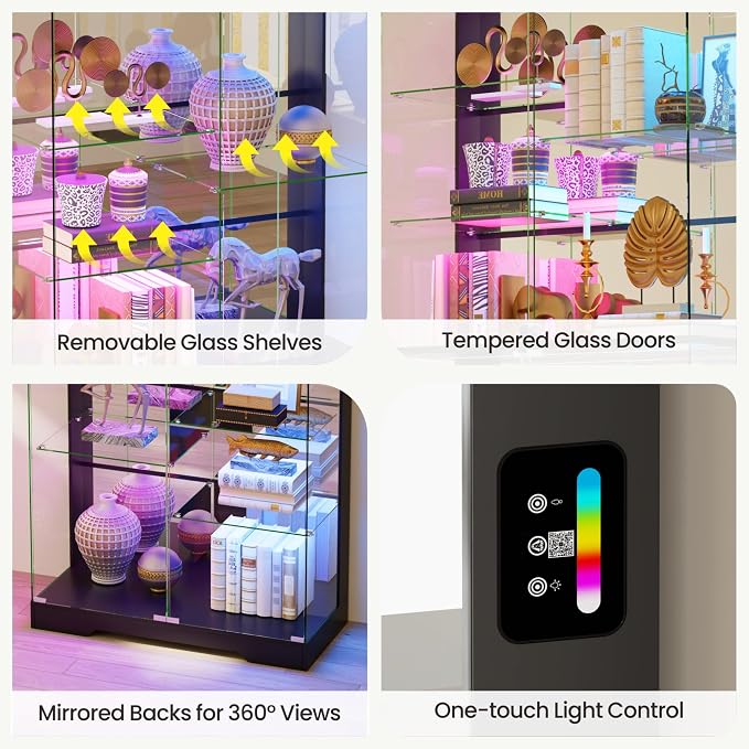 Lvifur 10-Tier Glass Display Cabinet with RGB Light and Motion Sensor,Black | 71''H Lockable Curio Cabinet with Glass Doors,China Cabinets with Removable Shelves for Collectibles,Lighted Showcase