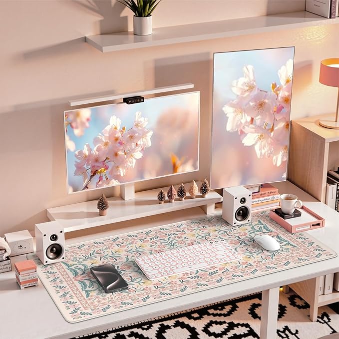 iCasso Pink Floral Desk Mat, Desk Pad, XXL Large Mouse Pad, Anti-Slip Big Mousepad with Stitched Edges, Computer Mouse Pads for Desktop for Women(Pink)