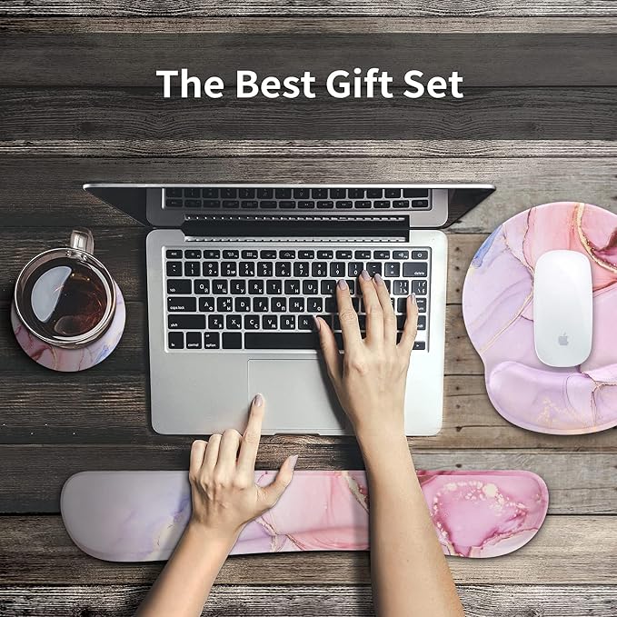 iCasso Glitter Marble Computer Mat 35.4"x15.7", Table Mat for Gaming | Elegant Home Ergonomic Desk Pad with Keyboard Wrist Rest, Mousepad Set for Students Computer Office Workspace Area