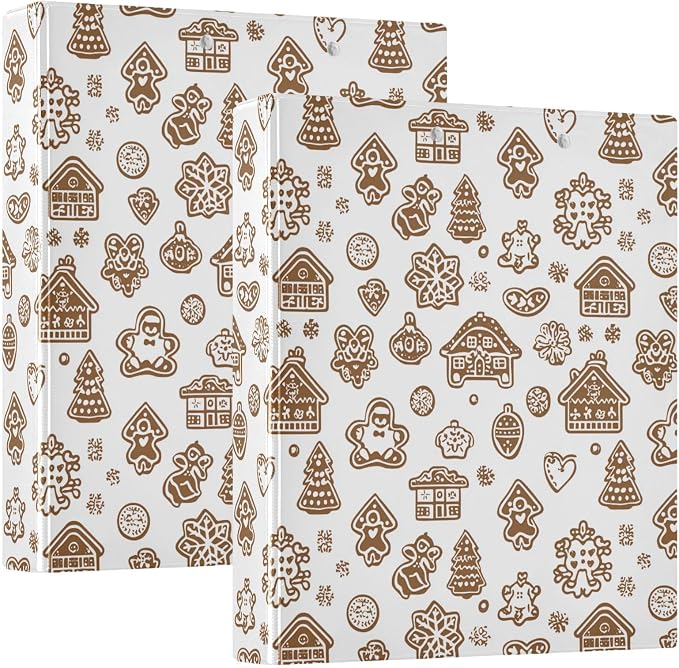 Winter Gingerbread Cookies Brown and White 3 Ring Binder 1.5" Decorative D-Ring Binder with Clipboard&3 Clear Pockets, Holds 200 Sheets A4 Size Paper Waterproof Binders for School Home Office|2 Pack