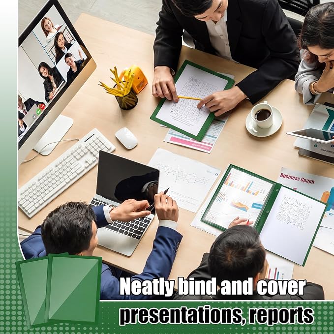Teling 36 Pcs Report Covers with 3 Prong Fasteners Clear Front Presentation Folders Frame View Poly Report Folder Presentation Binder for Paper Document School Office (Dark Green)