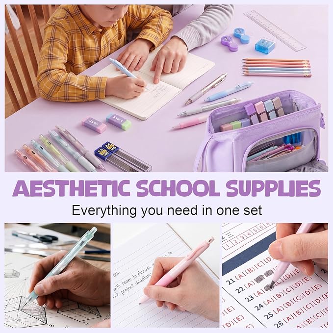 Eersida 47 Pcs Aesthetic School Supplies with Cute Pen Case, Mechanical Pencils 0.5mm, 0.7mm, 0.9mm & 2.0mm with Leads and Eraser Refills, Wood Pencils #2, for Writing, Drawing & Drafting(Purple)