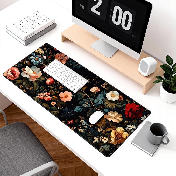 Floral Aesthetic Rose Gaming Mouse Pad, Black Dark Botanical Desk Mat with Anti-Slip Base & Stitched Edges, Office & Home Desk Decor for Women, 35.4" x 15.7" in Computer Desktop Mat
