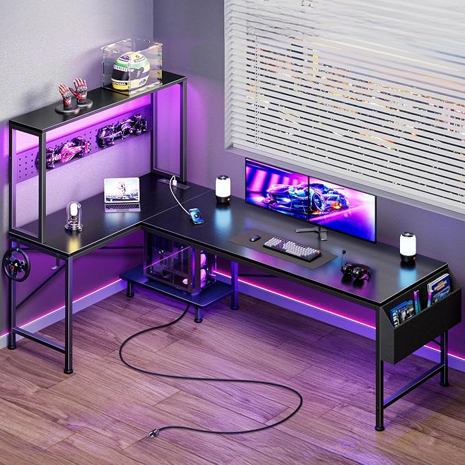 L Shaped Gaming Desk with LED Lights & Power Outlets | Reversible Computer Desk with Storage Shelves & Bag, Large Corner Home Office Desk with Pegboard for Work from Home, Black