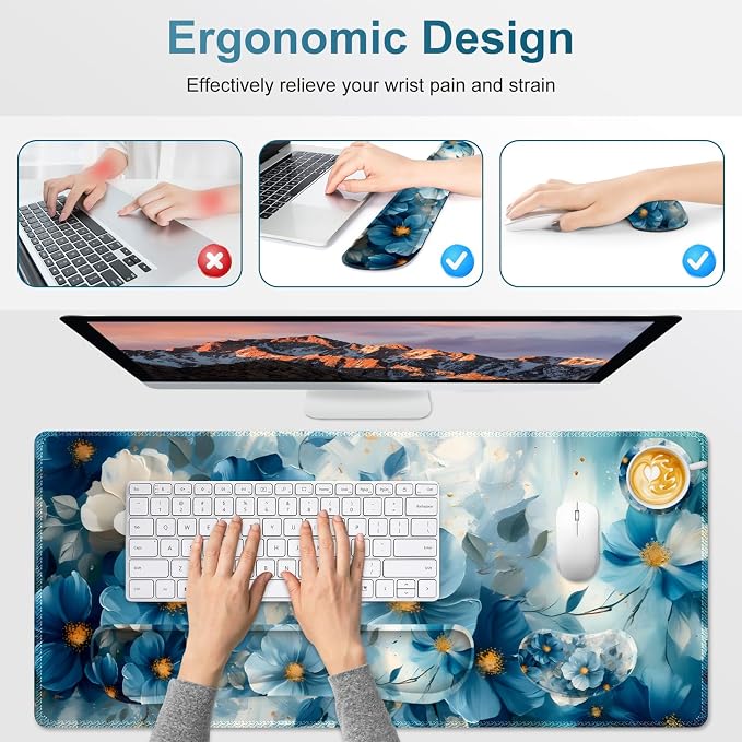 Desk Mat Pad, Gaming Mouse Pad Wrist Support Set, 4 in1 Non-Slip Large Mousepad + Ergonomic Design Keyboard Wrist Rest+Mouse Wrist Rest+Coaster for Home Office Computer I Blue Floral Watercolor