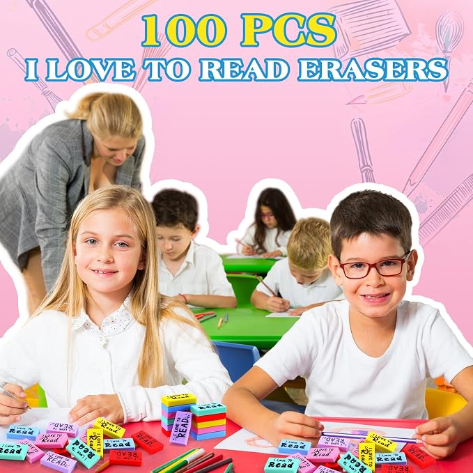 Dunzoom 100 Pcs Inspirational Erasers for Kids Back to School Gifts I Love to Read Small Colorful Pencil Erasers for Students Classroom Cute Motivational Gift for Drawing School Office Supplies