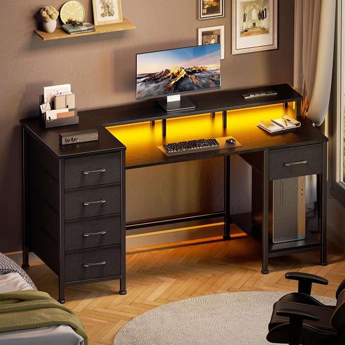 Korfile 47 Inch Gaming Desk with Power Outlets and LED Lights, Reversible Computer Desk with 5 Fabric Storage Drawers, Home Office Desk with Monitor Stand for Working Writing Study, Black | Gaming desk with power outlets &LED lights,reversible design w...