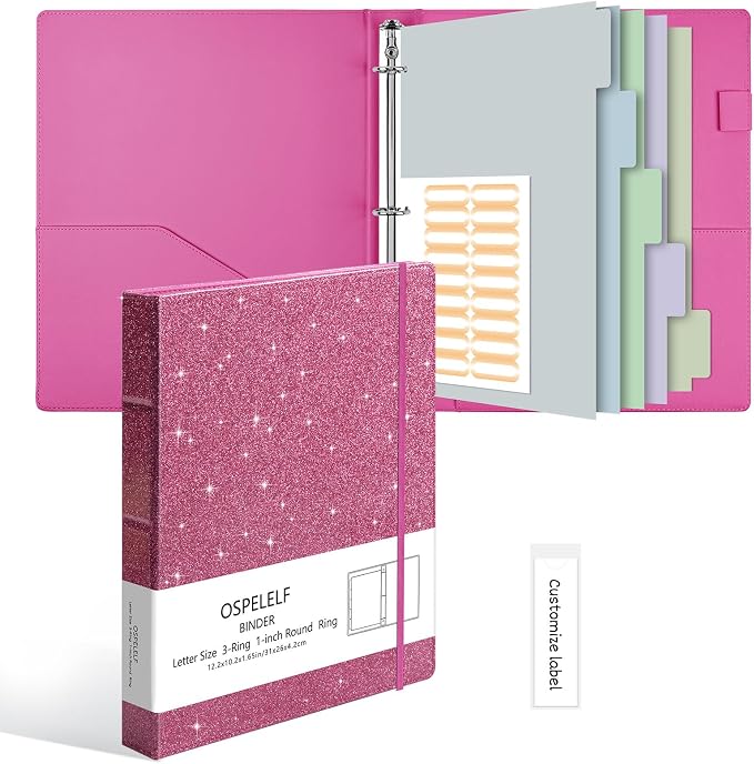 Ospelelf Vintage Hardcover 3 Ring 1 inch Leather Binder, Professional Binder Organizer Suitable for Letter Size, Binder Dividers with Tabs, Glitter Rose Pink