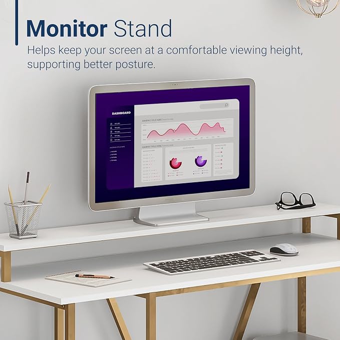 Techni Mobili 47" Computer Desk w/Shelves, Monitor Stand & CPU Caddy, Gold | 47" industrial computer desk with shelves, monitor stand, accessory holder, mobile CPU caddy, 2‑tier shelf for home office