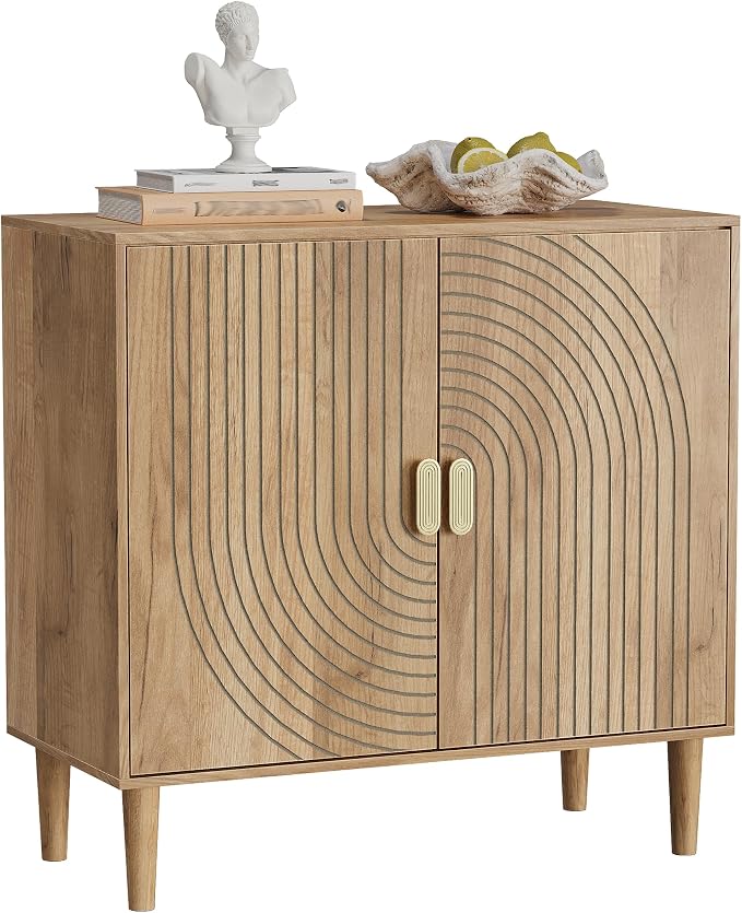 Smuxee Oak Sideboard Cabinet, Freestanding Buffet Cabinet with Line Groove Design, Wood Storage Cabinet with Adjustable Shelf for Living Room, Entryway, Hallway