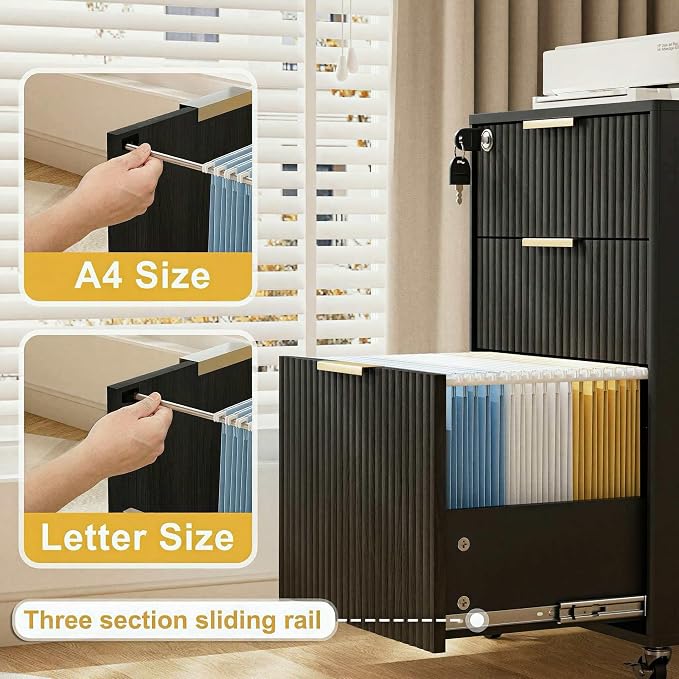 3 Drawers Fluted Mobile File Cabinet with Lock, Rolling File Cabinet Printer Stand Table, Under Desk Wooden Filing Cabinets for Home Office Essentials Storage Organization Furniture Letters/A4(Black)