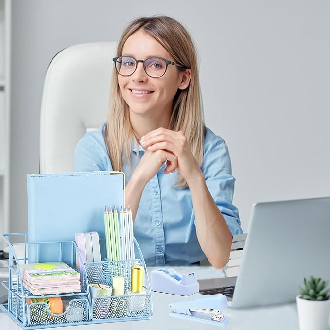 Scindaly Blue Office Desk Accessories Supplies, 10pcs Desk Organizers and Accessories with Tape Dispenser and Stapler,Staples,Scissor,Ruler,Sticky Tabs,Tape,Ballpoint Pen,Clips Set