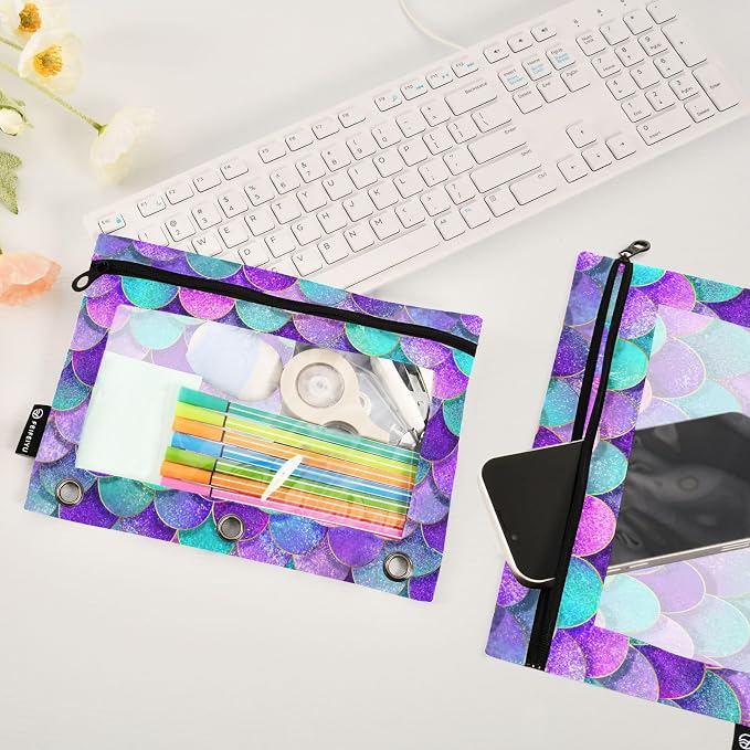 Pink Blue Purple Mermaid Scales Pencil Pouch for 3 Ring Binder, 2 Pack Waterproof Pencil Bags Clear Window Pencil Case Zipper School Office Supplies