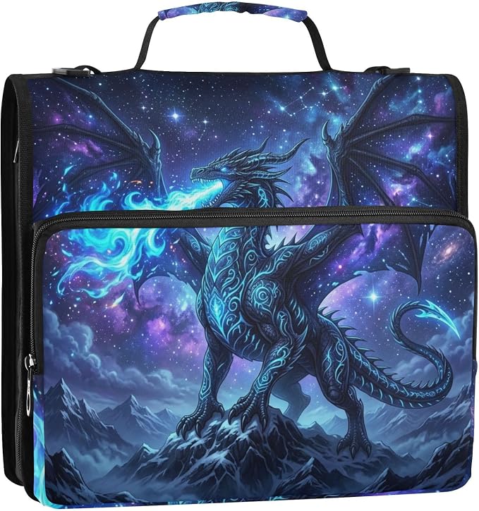 Dragon Pattern 3 Ring Zipper Binder with Shoulder Strap & Handle 2 Inch D-Ring Zippered Binder Bag with Multiple Pocket & Pencil Pouch, Binder Organizer for School or Office