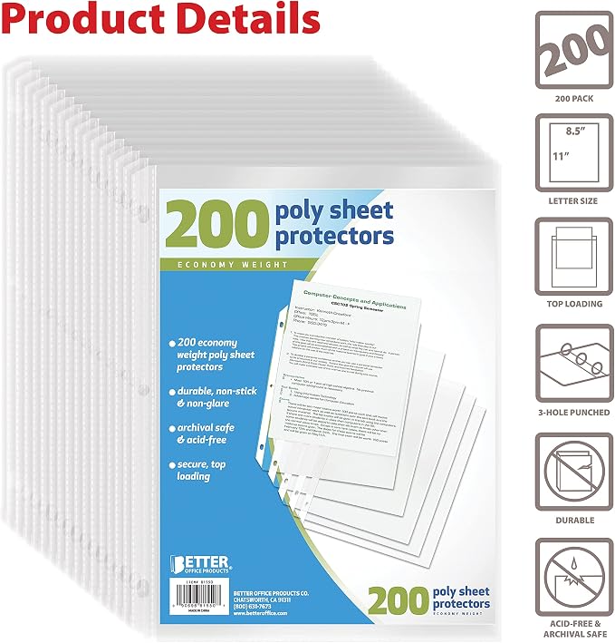 Better Office Products Sheet Protectors, 200 Piece