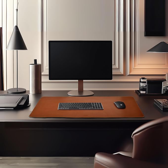 LEATHER VILLAGE Real Leather Desk Pad 3mm Thick Double Layer Desk Mat Tan | 32''x16'', Cover Blotter Large Full Grain Protector for Keyboard, Mouse & Laptop, Office Table Mat & Desktop Accessories