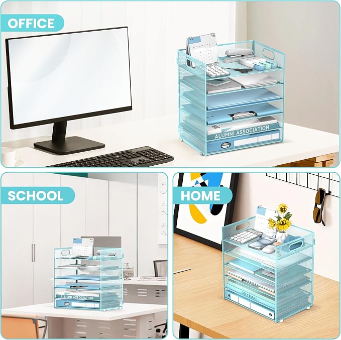 Daltack 6-Tier Paper Organizer for Desk with Handle, Blue, 2 Pack | Sturdy Metal Mesh Organizer with Movable Middle Trays and a Carry Handle for Papers, Folders and Office Supplies