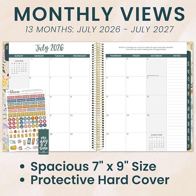 bloom daily planners 2026-2027 Hardcover Academic Year Goal & Vision Planner (July 2026 - July 2027) - 13 Months Agenda - Monthly & Weekly Calendar Organizer - 7.5" x 9" - Garden Party, Beige