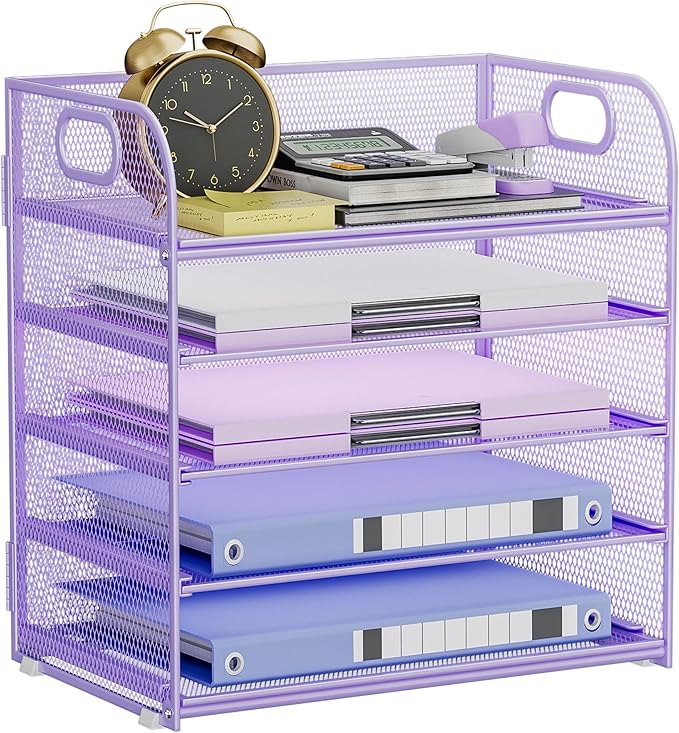 5-Tier Stackable Paper Organizer with Handle, Purple | Metal Mesh Letter Tray, Elegant Desk File Sorter for Office, Home & Classroom Organization