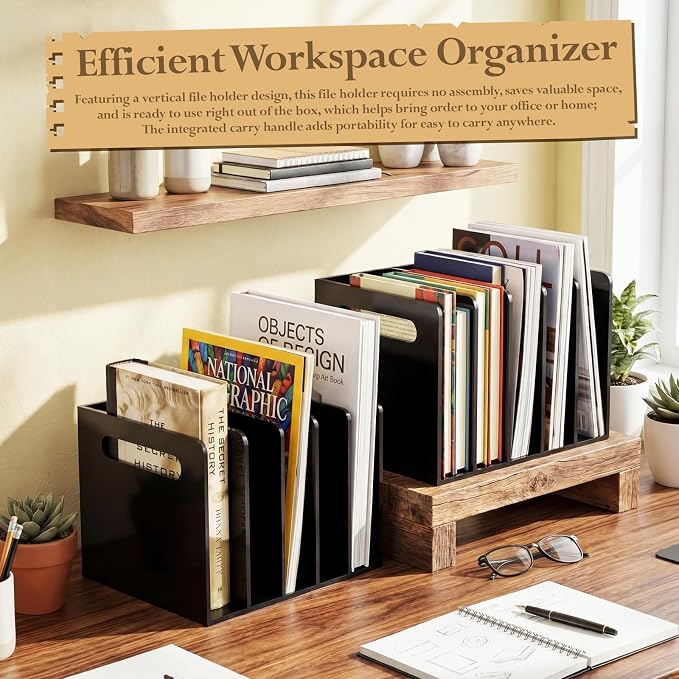 Didaey 1 Pack Acrylic Magazine File Holder, 5 Vertical Compartments Desk Sorter Organizer Magazines Documents Books Accessories Black Folder Rack Binder for Office Home(B5, 5 Sections, Black)