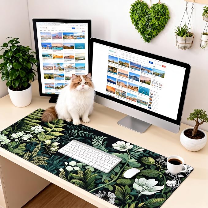 Floral Aesthetic Wildflower Gaming Mouse Pad, Forest Green Moody Forest Desk Mat with Anti-Slip Base & Stitched Edges,35.4" x 15.7" in Table Mat for Computer Desktop, Beautiful Workstation Decor