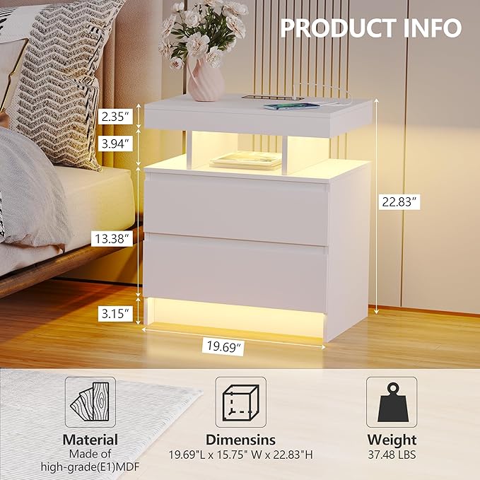 dnbss LED Nightstand with Charging Station, Smart Bedside Table, White | Modern Night Stand, Floating Desktop, 2 Drawers, 1 Compartment, Human Body Sensor, for Bedroom Living Room Office Storage