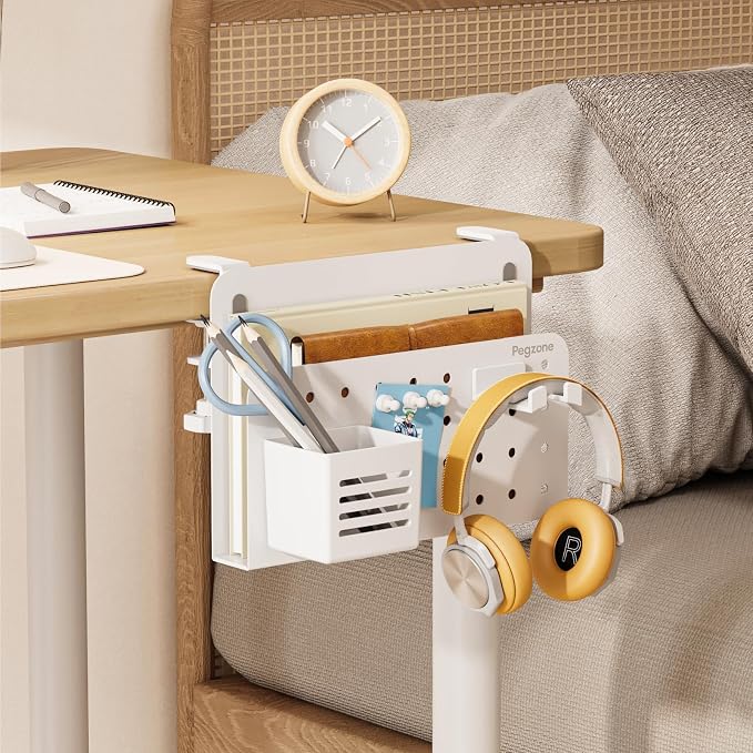 Desk Side Storage Organizer, Fits Flat Edge 0.4" to 2.2", White | No Drill Under Desk Laptop Holder, Clamp on Desks Shelf with Pegboard Accessories, Hanging Laptop Mount