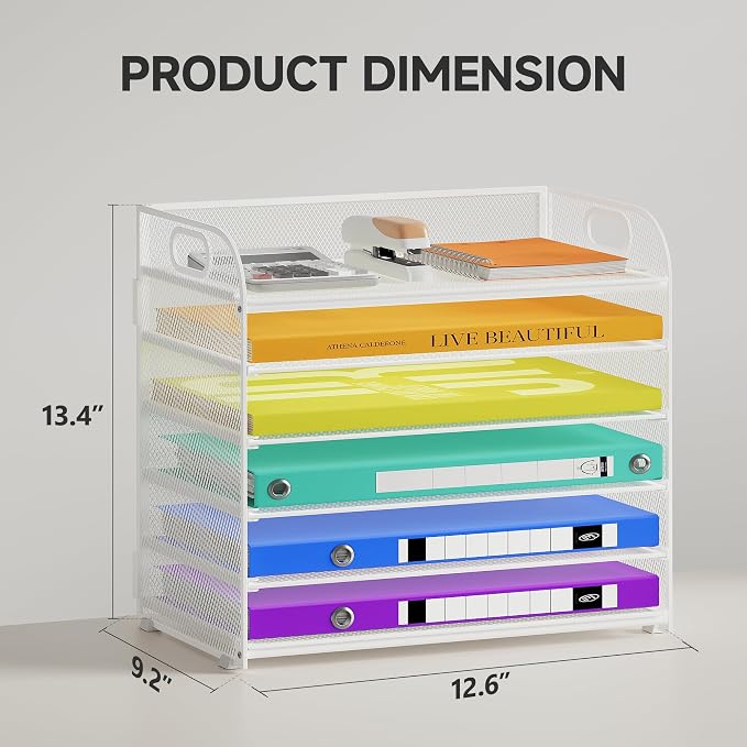Cawukege 6 Tier Paper Organizer with Handle, Metal Desk Organizer Mesh Paper Letter Tray Desktop File Folder Document Sorter for Classroom, School, Office Accessories Storage (1, 6 Tier - White)