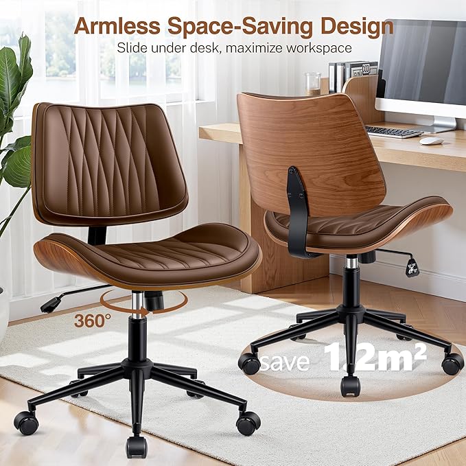 Ergonomic Armless Office Desk Chair - Mid-Century Modern Khaki Faux Leather with Diamond Stitch, Adjustable Height Swivel Rolling Task Computer Chair with Walnut Accent for Home Office, Study & Work