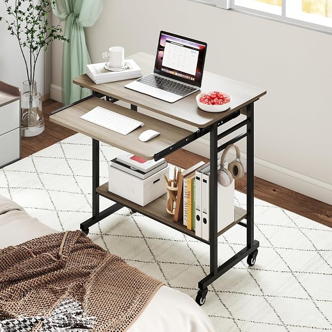 GIANTEX Rolling Computer Desk, Mobile Desk with Keyboard Tray & Wheels, Portable Laptop PC Table Cart with Shelf & Hooks, Small Desk for Small Spaces, Bedroom, Apartment (Grey Oak)