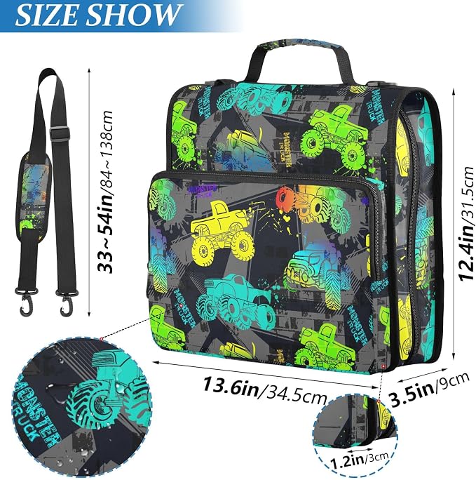 Monster Trucks Print Zipper Binder Bag 3 Ring with Shoulder Strap & Handle Multi Pocket Binder Organizer Bag Large Capacity for School Office Supplies